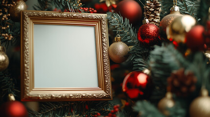 Blank photo frame with Christmas tree, presents, and red and green New Year's decorations, mockup