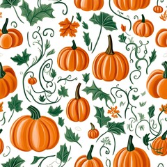 Beautiful pumpkin pattern with green vines for autumn decoration