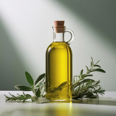 Clear olive oil bottle with fresh herbs on minimalist background