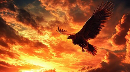 Obraz premium Majestic Griffin Soaring Through Vibrant Sunset Skies