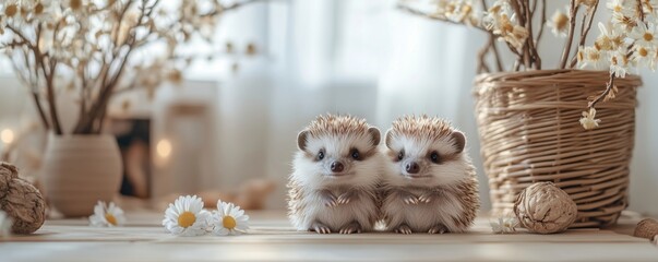 Two adorable hedgehogs on a wooden table surrounded by daisies and wicker baskets in a cozy room.