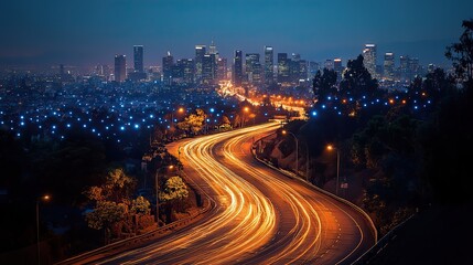 Obraz premium A cityscape with communication networks illustrating mobile internet technology for smart grids, 5G, and global business.