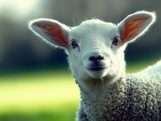 Fototapeta premium A closeup of a curious white lamb's face, soft wool illuminated by gentle sunlight. The lamb's expressive eyes stand out against the blurred backdrop of green grass and sky.