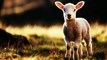 Obraz premium A closeup of a curious white lamb's face, soft wool illuminated by gentle sunlight. The lamb's expressive eyes stand out against the blurred backdrop of green grass and sky.