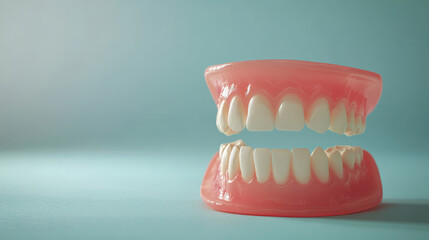 Obraz premium Isolated false teeth dental model with dentures and tools for tooth care