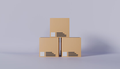 3D render of a brown cardboard box stacked on a wooden pallet in a warehouse for shipping