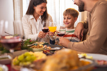 Mother and father making a toast with son while having Christmas dinner