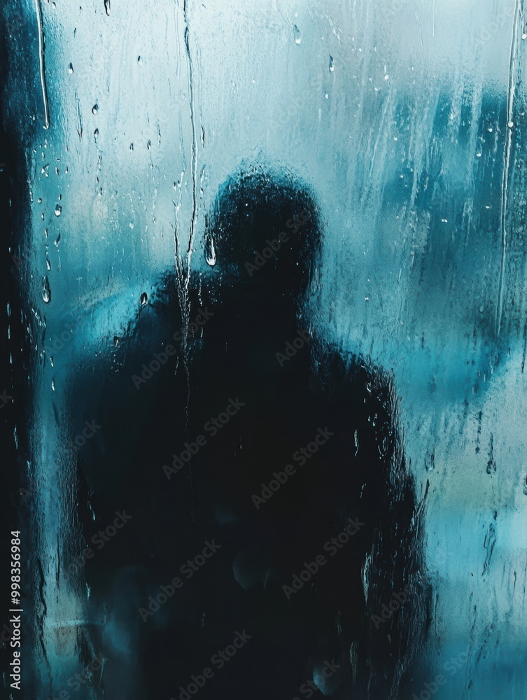Poster a lone person stands in contemplation, watching raindrops cascade down a misty window, evoking feeli