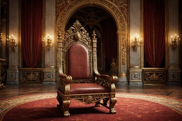 A large, ornate red chair sits in a room with red curtains and gold accents