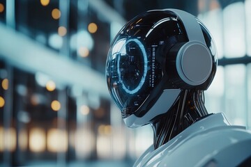 Obraz premium Futuristic Robot Design With Glowing Features in a Modern Urban Environment at Twilight