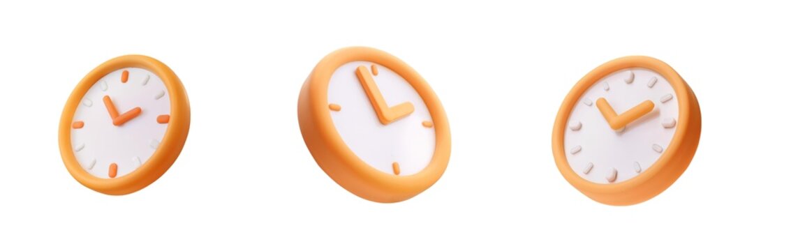Three stylized clocks in orange and white, indicating different times, representing time management and scheduling concepts.