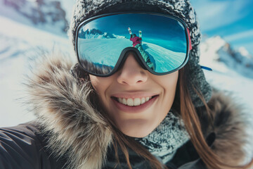 Close-up of a smiling woman in winter gear with ski goggles reflecting a snowy landscape. Adventure photography with a focus on winter sports.