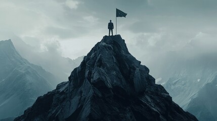 Conceptual image of success in business visualized through a leader on a mountain peak