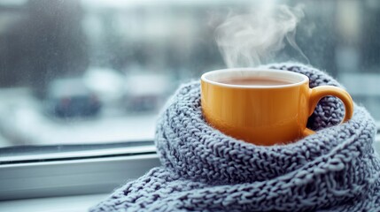 On a windowsill, nestled against the cold winter glass, a cozy knitted scarf envelops a steaming mug of tea, its warmth radiating through the fabric. 