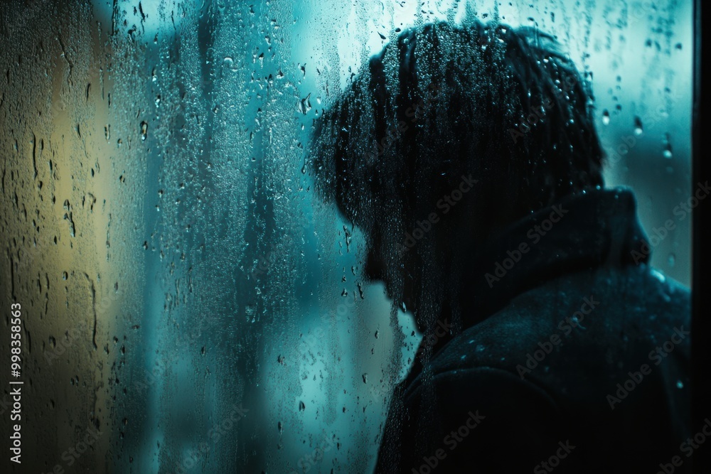 Leinwandbilder a solitary figure gazes out at the rain-splattered window, enveloped in a mood of melancholy and int