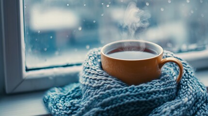On a windowsill, nestled against the cold winter glass, a cozy knitted scarf envelops a steaming mug of tea, its warmth radiating through the fabric. 
