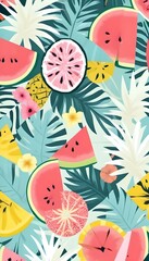 Naklejka premium A vibrant tropical-pattern featuring watermelon