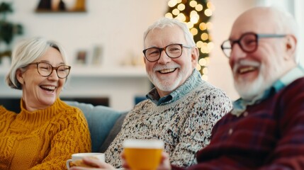 Joyful seniors enjoying coffee together in a cozy living room, celebrating friendship and warmth during the holiday season.