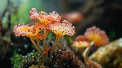 Vibrant orange and pink mushrooms growing on a mossy log in a forest during early morning light