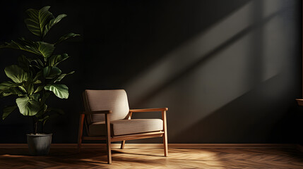 Minimalist Home Serenity, elegant hardwood furniture, simple clean composition, cozy interiors, dark backdrop, modern aesthetic