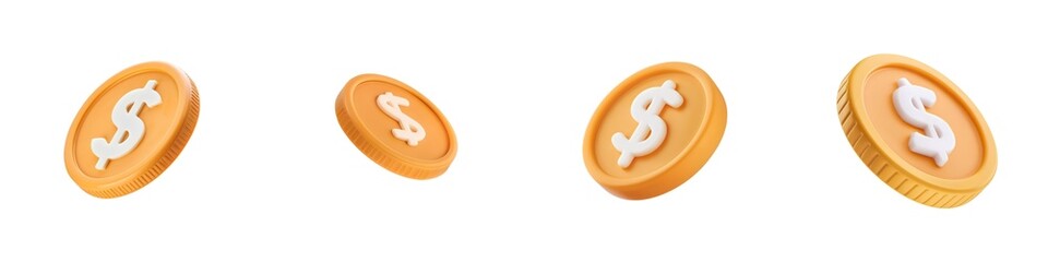 A series of golden coins with dollar signs, depicting wealth and currency, arranged in a progressive sequence.