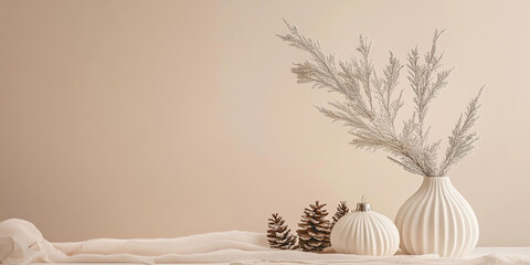 Minimalistic christmas beige background withMinimalistic christmas beige background with christmas tree and new year decorations,  with space for text