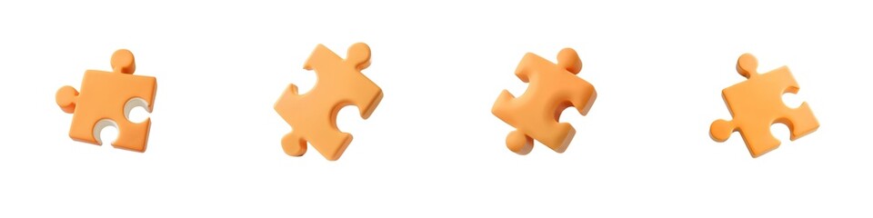 Four orange puzzle pieces arranged in a row, showcasing different shapes and sizes, symbolizing problem-solving and creativity.