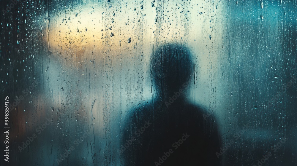 Aufkleber A lone figure contemplates the world outside a rain-covered window, with droplets trickling down, creating a soft, melancholic atmosphere. Generative AI