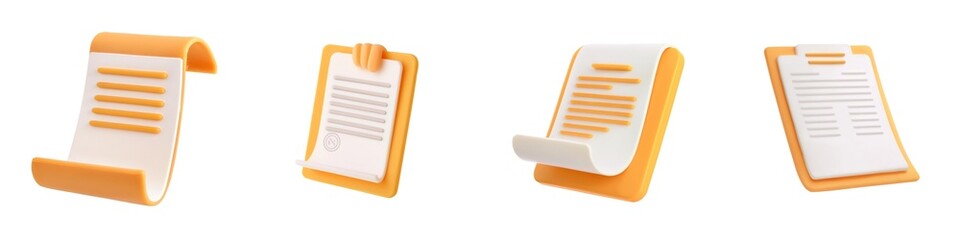 A series of four scrolls featuring lists or notes on yellow backgrounds, showcasing different positions and perspectives of the documents.