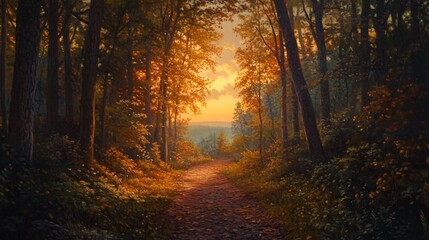 Fototapeta premium A winding path leads through a forest in the golden hour, with sunbeams illuminating the leaves and trees.