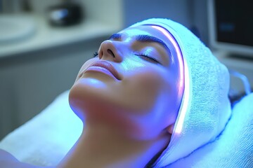  Woman relaxing during a beauty treatment with blue LED light therapy, enjoying a calming skincare session.