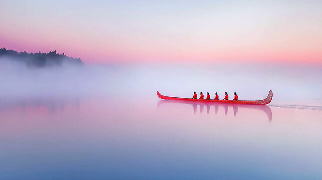 a Maori waka (canoe) on a misty lake at dawn