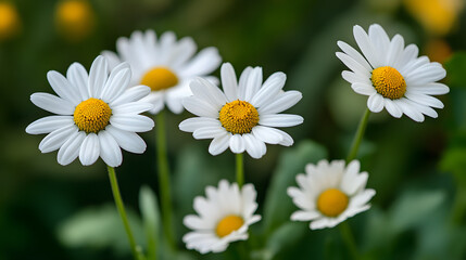 Fototapeta premium Blooming Daisies in Spring, five small daisies with delicate petals, vivid foreground, lush green backdrop, fresh and clean atmosphere of spring