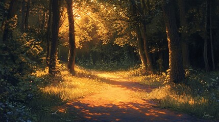 Obraz premium A winding path leads through a lush forest, bathed in the warm glow of the setting sun The trees stand tall, their branches reaching towards the sky