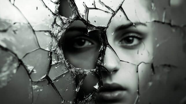 The struggle for self-identity visualized through a shattered reflection of a person