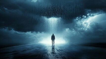 Isolation in depression symbolized by rain pouring on one person in a sunny world