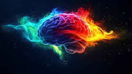 Fototapeta premium A colorful, abstract representation of a brain surrounded by vibrant energy waves, symbolizing creativity and cognitive power.