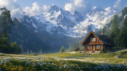 Fototapeta premium An old house in natural view.big mountain.An isolated mountain hut in the foggy forest.
