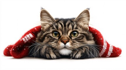digital illustration of a cozy noel cat nestled under a red knit blanket, noel cat