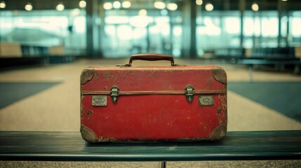 Red suitcase on a bench. This image is perfect for travel, adventure, and nostalgia themes.