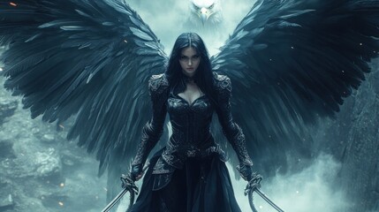 Obraz premium A fierce warrior with wings stands confidently, wielding swords against a mystical backdrop.