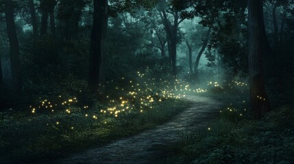 Obraz premium A winding path through a dark, enchanted forest illuminated by the glow of fireflies.