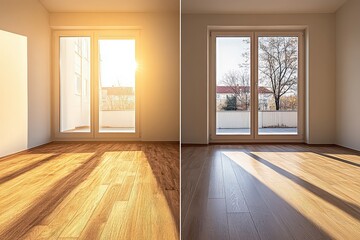 Obraz premium Bright sunlight streams into two empty rooms, highlighting newly installed wooden flooring and spacious interiors.
