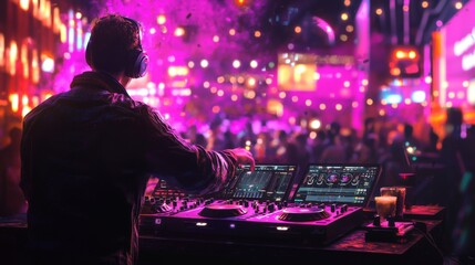 DJ commanding a lively crowd at a vibrant nightclub or music event