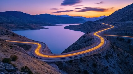 A winding road curves around a lake at sunset, AI