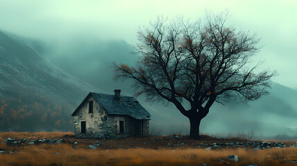 An old house in natural view.big mountain.An isolated mountain hut in the foggy forest.