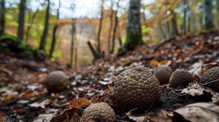 Autumnal forest floor with natural fungal growth and mosses