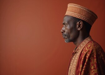 Obraz premium African Man with Dignified Expression Wearing Traditional Attire Against Rust-Colored Background with Copy Space