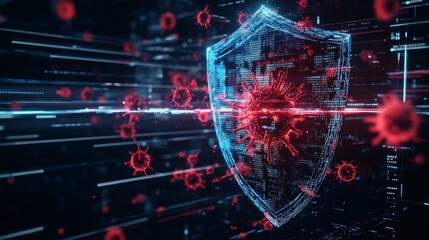 Obraz premium Glowing Red and Blue Virus Lines Breaking Through a Cybersecurity Shield