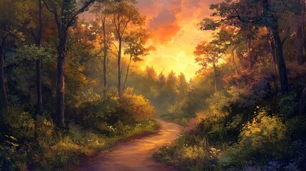 Obraz premium A winding path through a forest with a golden sunset in the background.